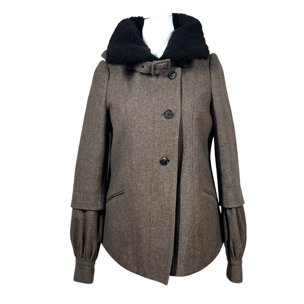 Proenza Schouler Wool Tweed Jacket Womens 2 Brown Sherpa Collar Asymmetric Flare
